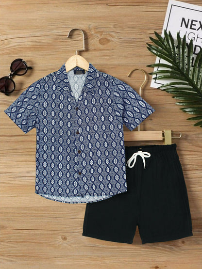 Blue, White and Black Velvour Boys & Girls Printed Co-ord Set-VC22