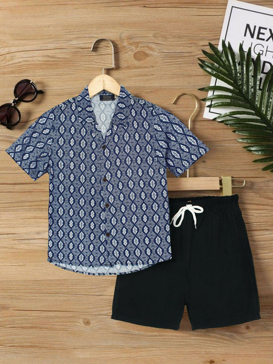 Blue, White and Black Velvour Boys & Girls Printed Co-ord Set-VC22