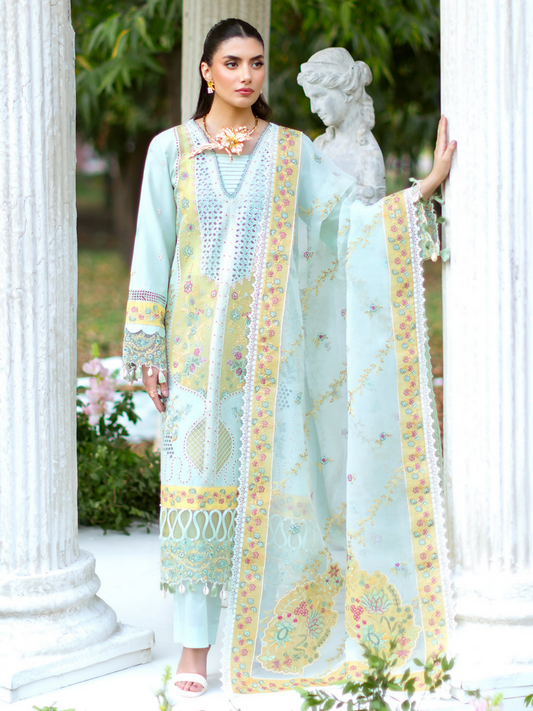 Unstitched 3-piece embroidered lawn suit with embroidered front, back and sleeves, layered embroidered borders, dyed slip, matching embroidered dupatta, and dyed trouser.