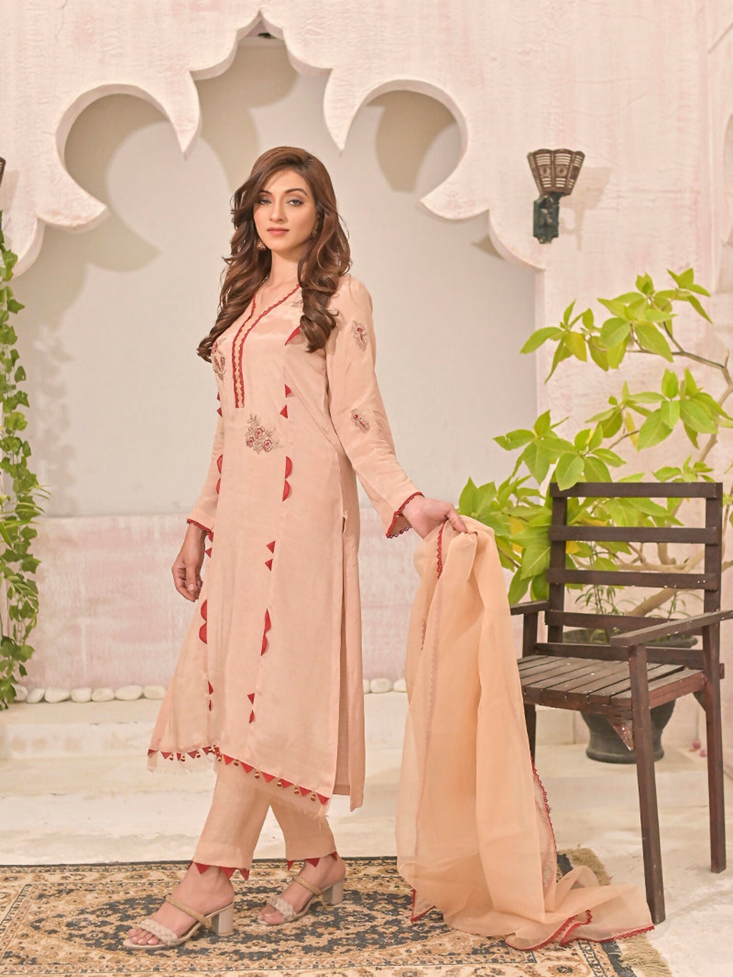 Ruby's Couture Panache Raw Silk Embroidered Stitched 3-Piece Suit-Marigold