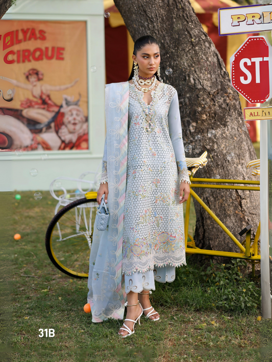 Unstitched embroidered lawn suit with detailed embroidery on front panels and sleeves, paired with embroidered net dupatta and dyed cotton trouser featuring organza lace accents.