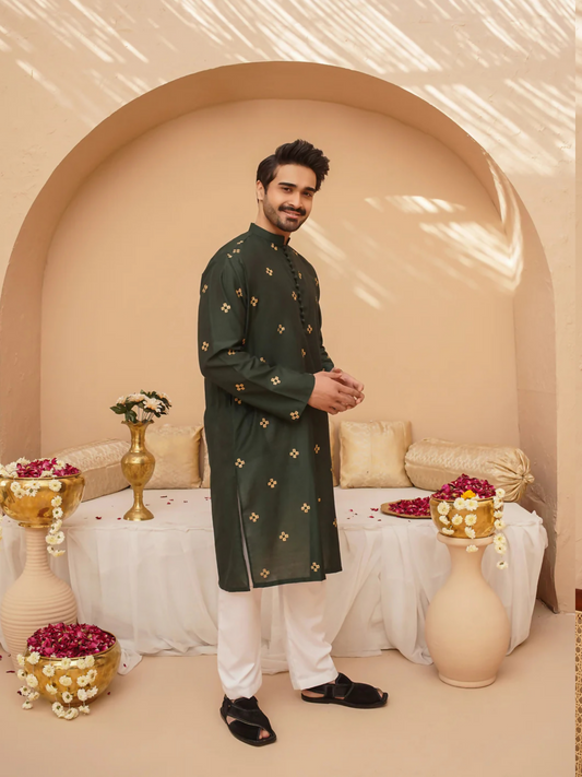 Kidoz Kloset Cotton Silk Printed Kurta Pajama-Emerald Aura-Men