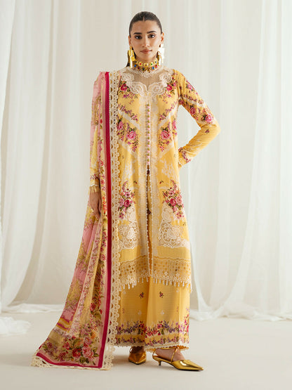 Binilyas Eres Bonita Viscose '25 embroidered unstitched suit with printed shirt, organza embroidery, chiffon dupatta, and printed trouser.