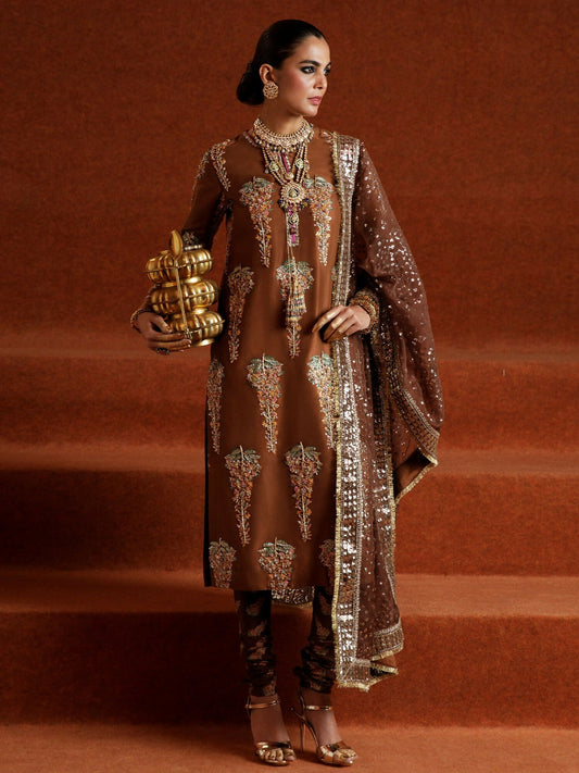 Hussain Rehar brown raw silk embellished shirt with chooridaar and organza dupatta