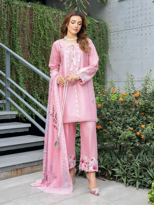 Panache Apparel Solid Story Cotton Lawn Embroidered Stitched Suit-Rosewood