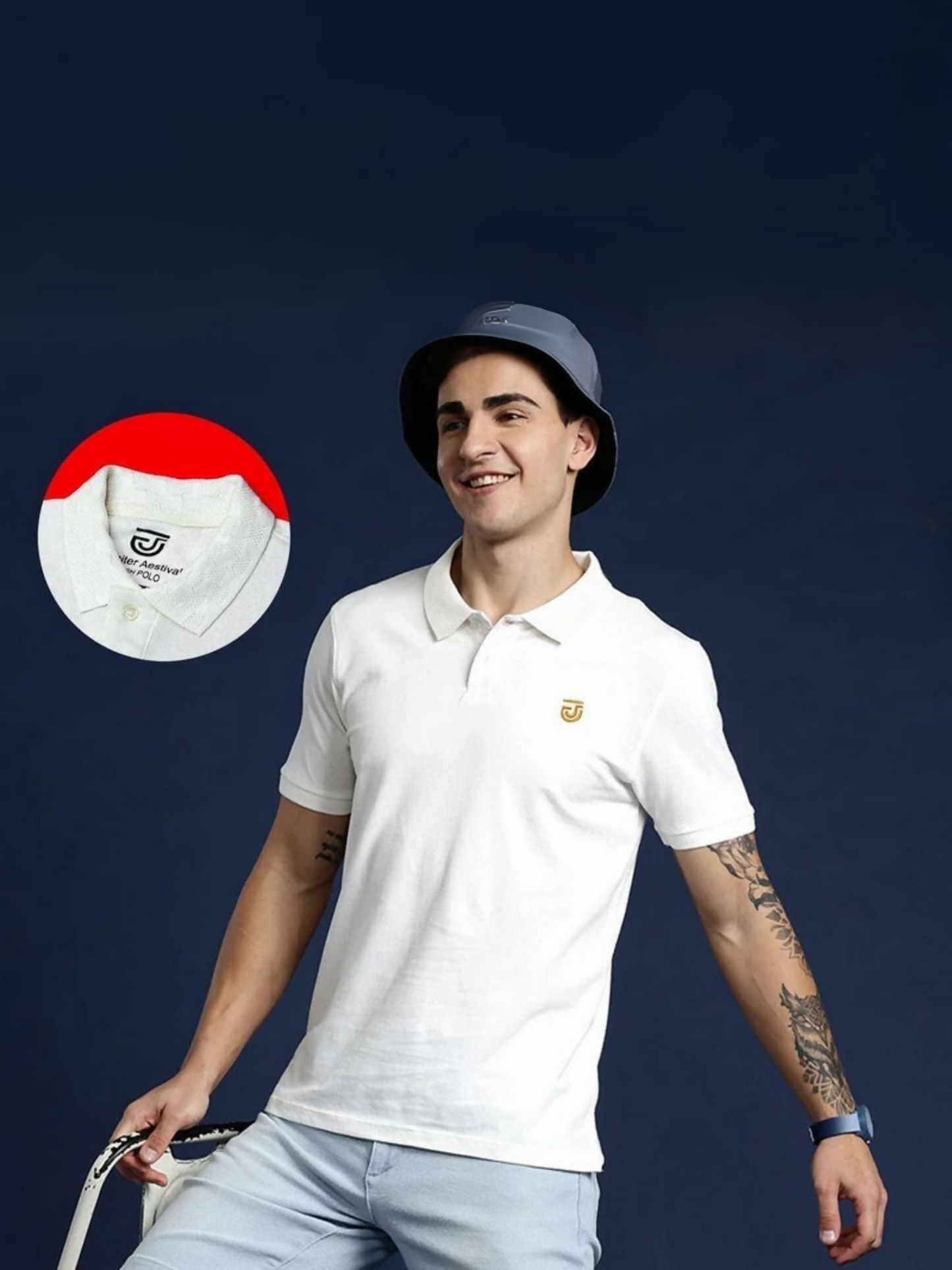 Jupiter men’s pique polo with textured collar, embroidered logos, and soft viscose blend.