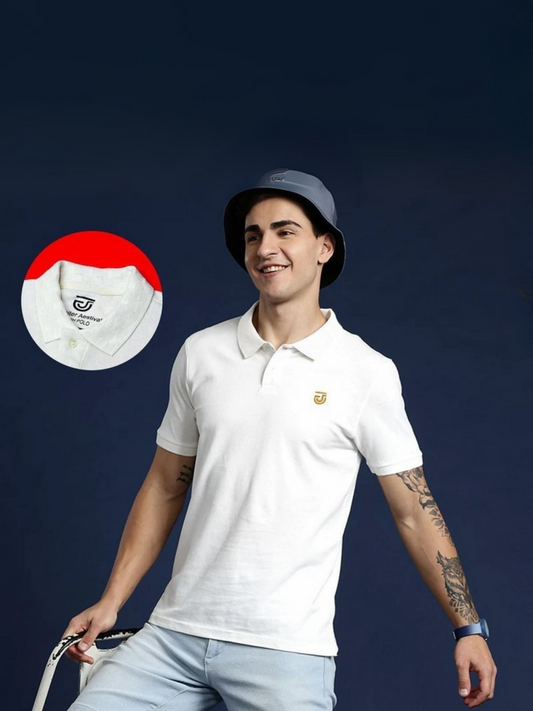 Jupiter men’s pique polo with textured collar, embroidered logos, and soft viscose blend.