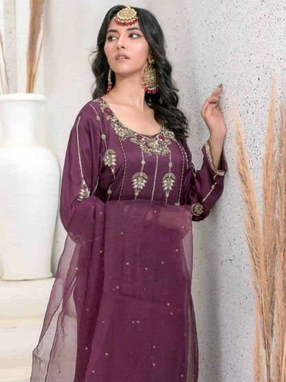 Ruby's Couture Ashiyana Pure Silk Embellished Stitched 3-Piece Suit-Parizaad