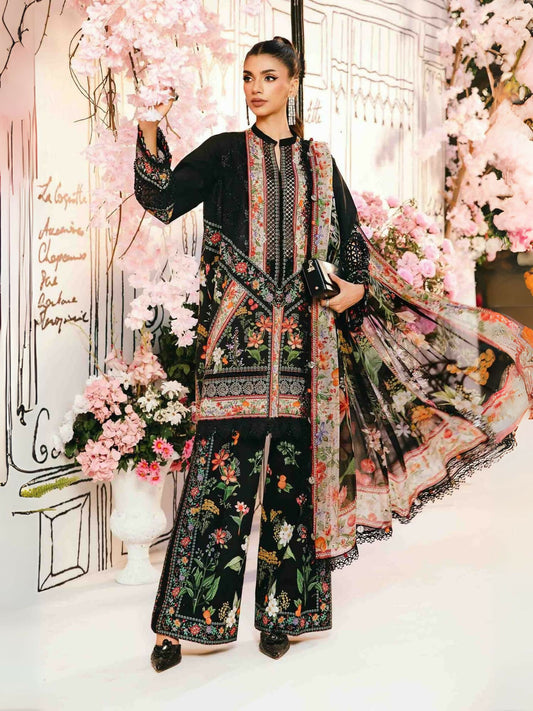 Maria.B printed lawn shirt with embroidered lawn detailing and organza patti, paired with printed cambric trousers and printed chiffon dupatta.