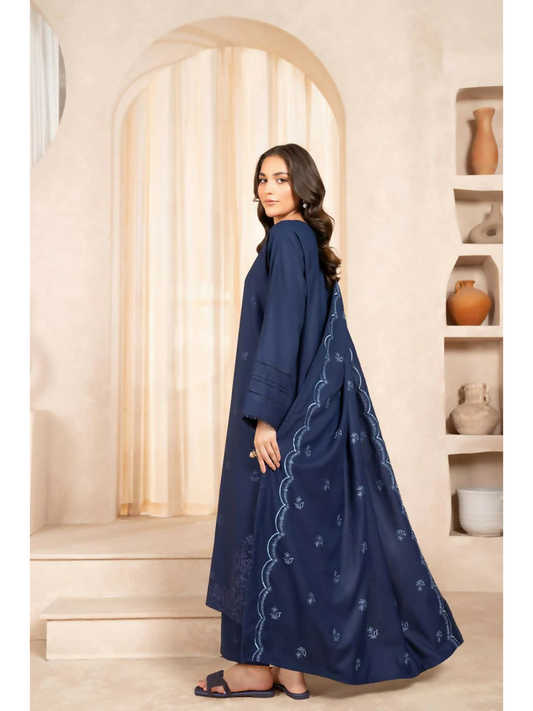 Zeephire Dhanak Embroidered Stitched 3-Piece Suit-Navy Azurita