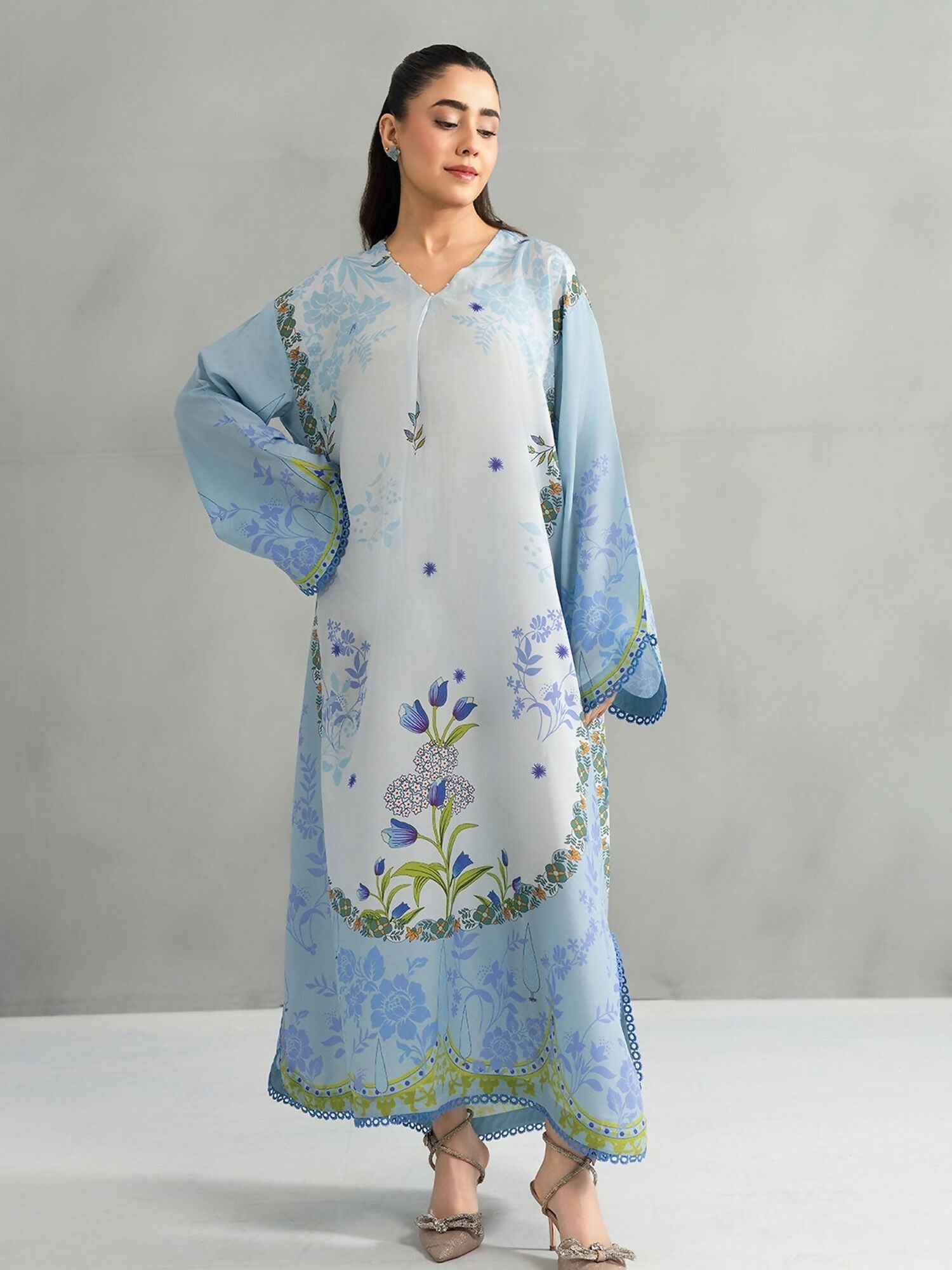 Panache Apparel Dear Summer Silk Lawn Printed Kaftan-Blue Whisper