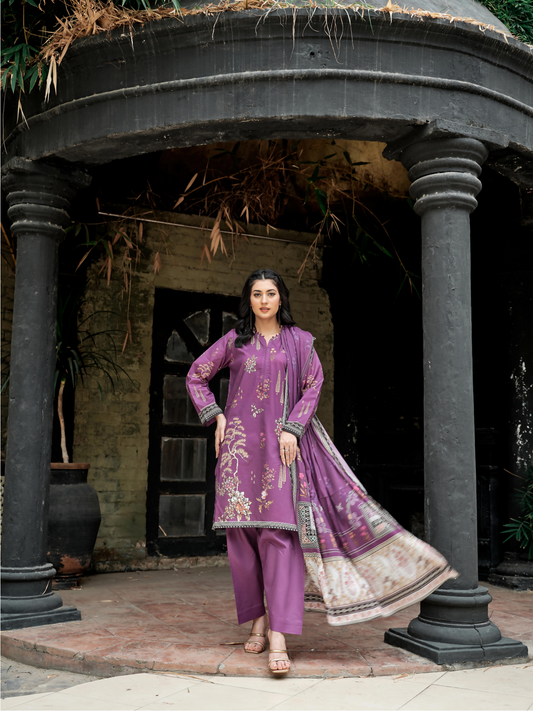 Unstitched 3-piece suit with a digital printed lawn shirt featuring floral vines, a matching digital printed lawn dupatta, and a dyed lawn trouser.