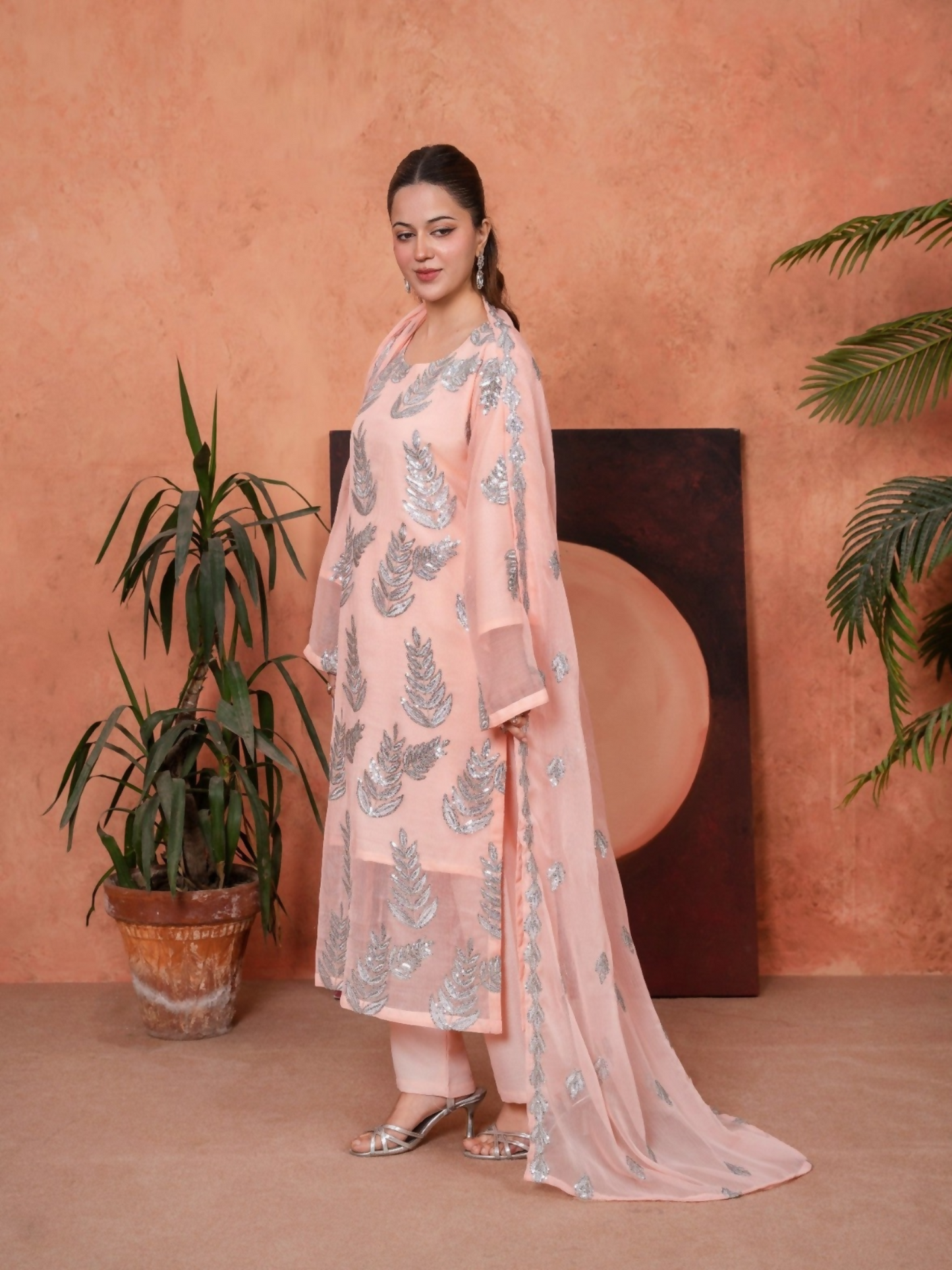 Stylish Collection Majeste Crinkle Chiffon Embroidered Stitched 3-Piece Suit-Zirwah Peach