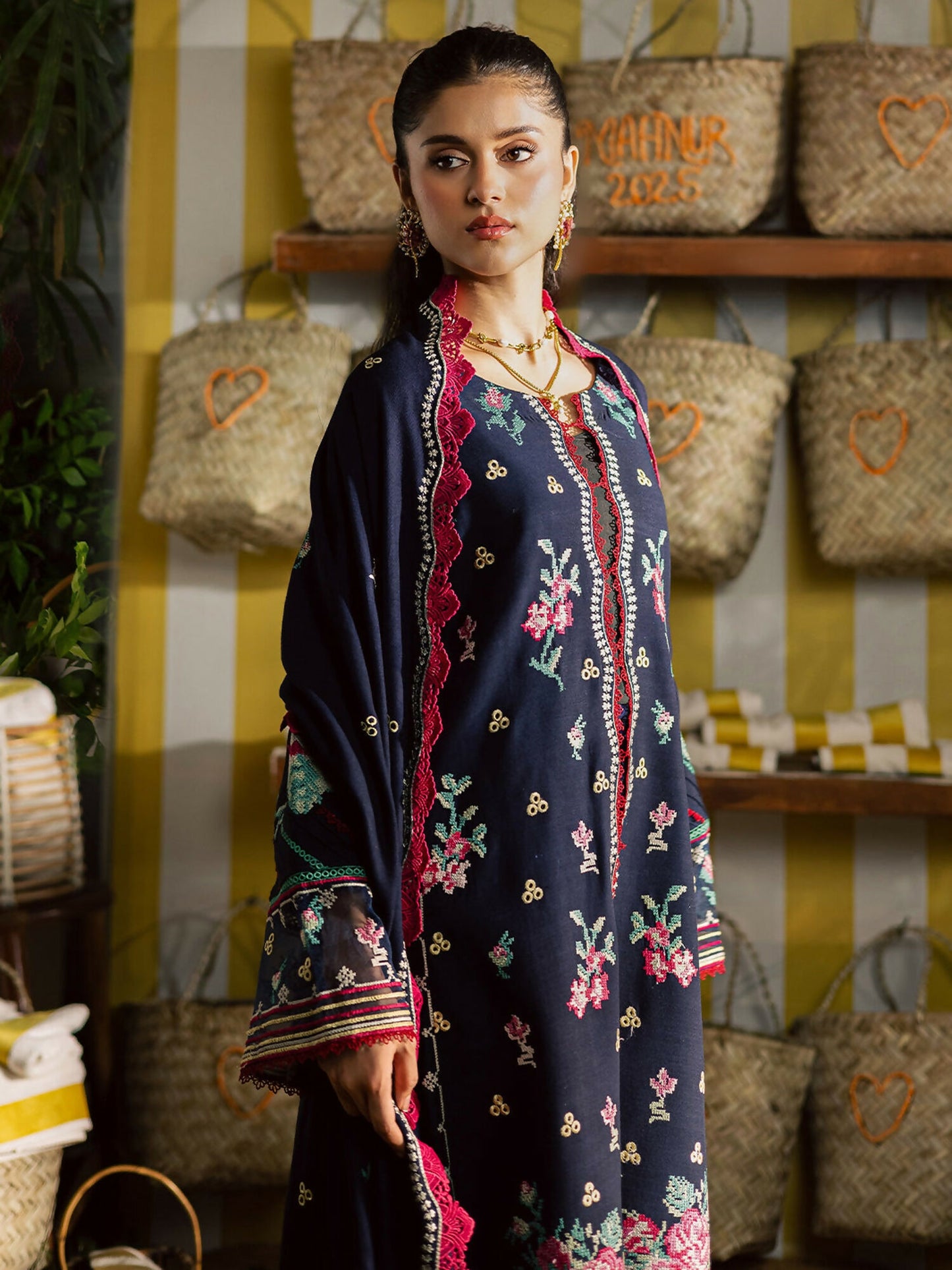 Mahnur Kaia Slub Linen Embroidered Stitched 3-Piece Suit-K- 06