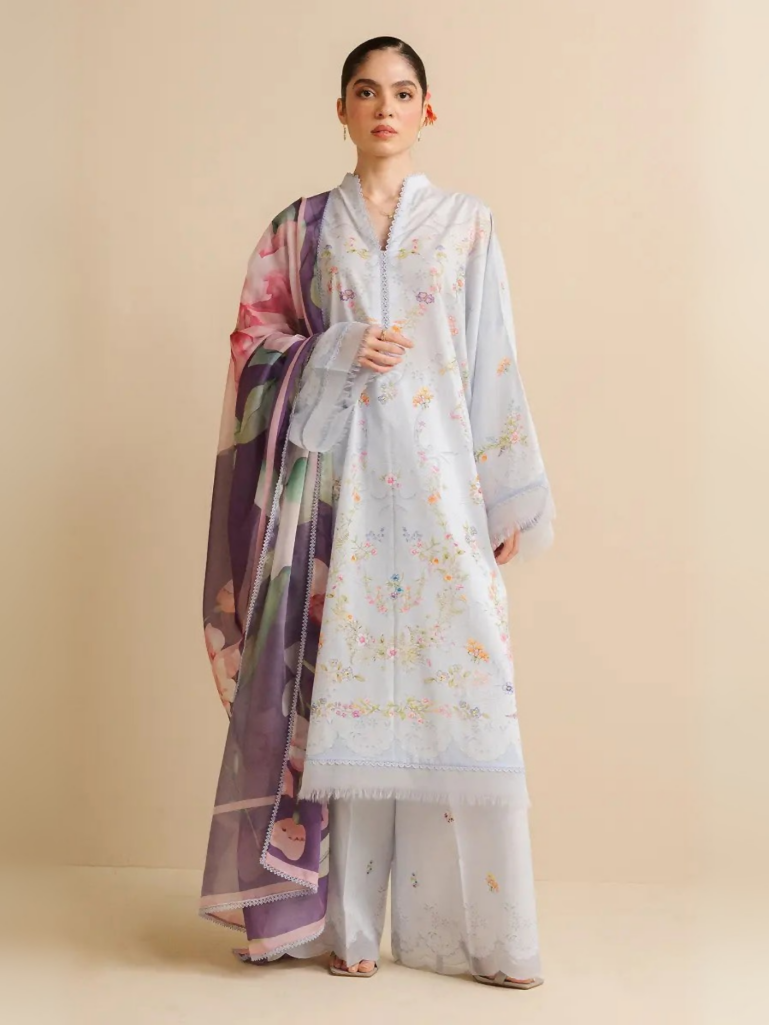 Unstitched 3-piece printed suit with pastel floral lawn shirt, printed cambric trouser, and bold floral silk dupatta