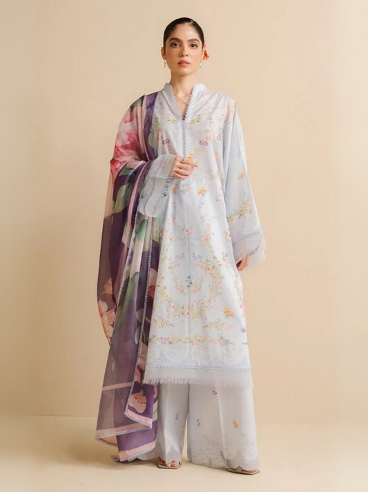 Unstitched 3-piece printed suit with pastel floral lawn shirt, printed cambric trouser, and bold floral silk dupatta