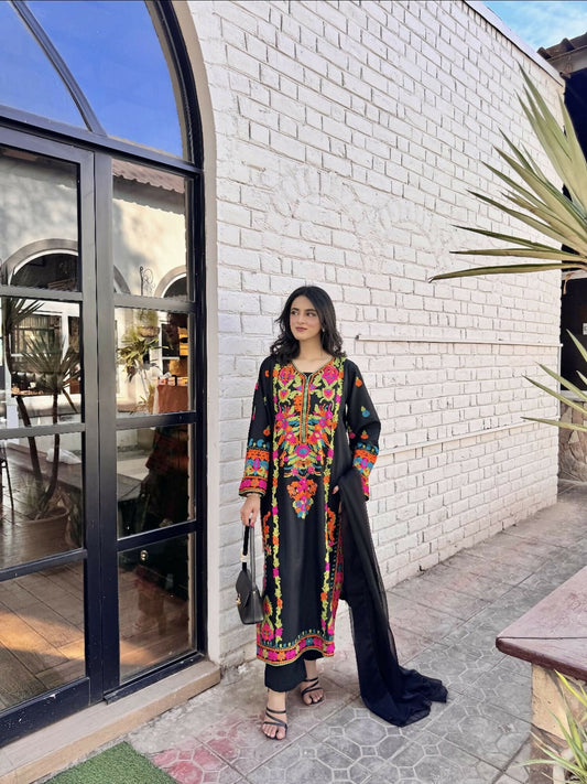 Tawakal Closet Linen Embroidered Stitched 3-Piece Suit-Multi Color Black