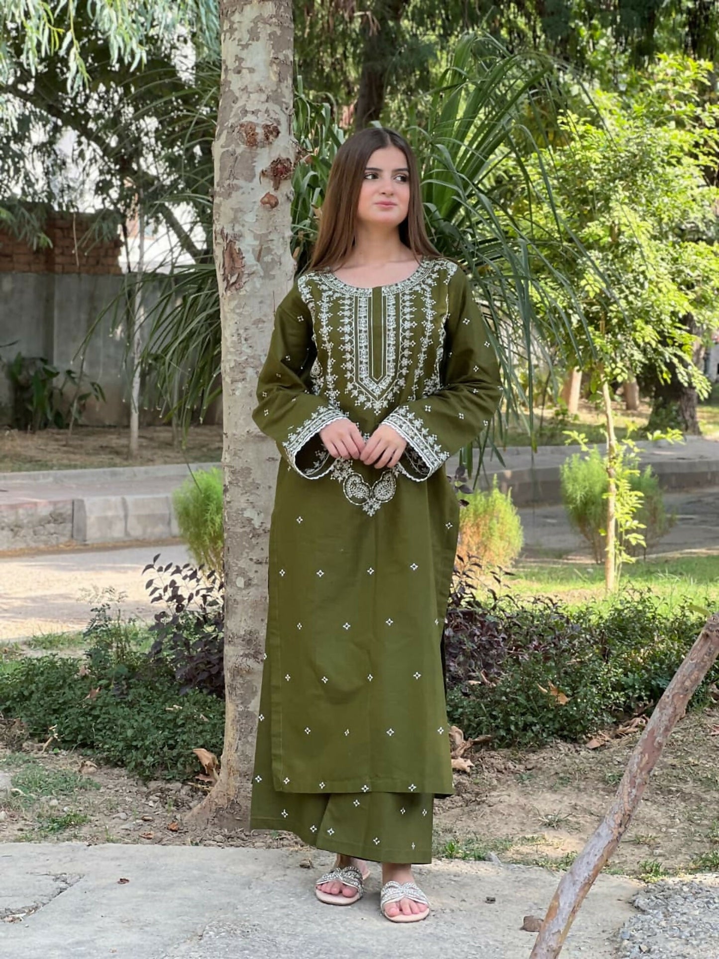 Tehzeeb Libas Cotton Lawn Embroidered Stitched 2-Piece Suit-OLIVE