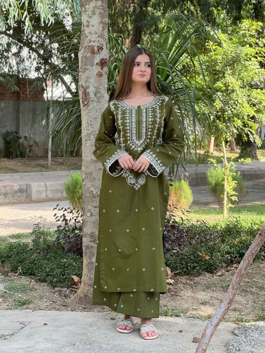 Tehzeeb Libas Cotton Lawn Embroidered Stitched 2-Piece Suit-OLIVE
