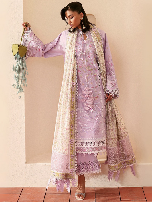 Mauve purple embroidered lawn ensemble by Sana Yasir with organza borders, silk dupatta, and cambric trousers.
