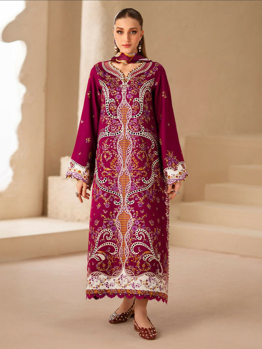 A stylish unstitched 3-piece suit by Bin Ilyas, featuring intricately embroidered Kotrai fabric with detailed silk and organza lacework-167-A