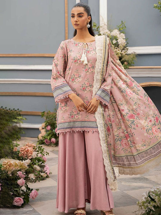 Mausummery unstitched 3-piece suit with digital printed Linen Doria shirt and dupatta, paired with dyed linen trouser for a refined winter look.