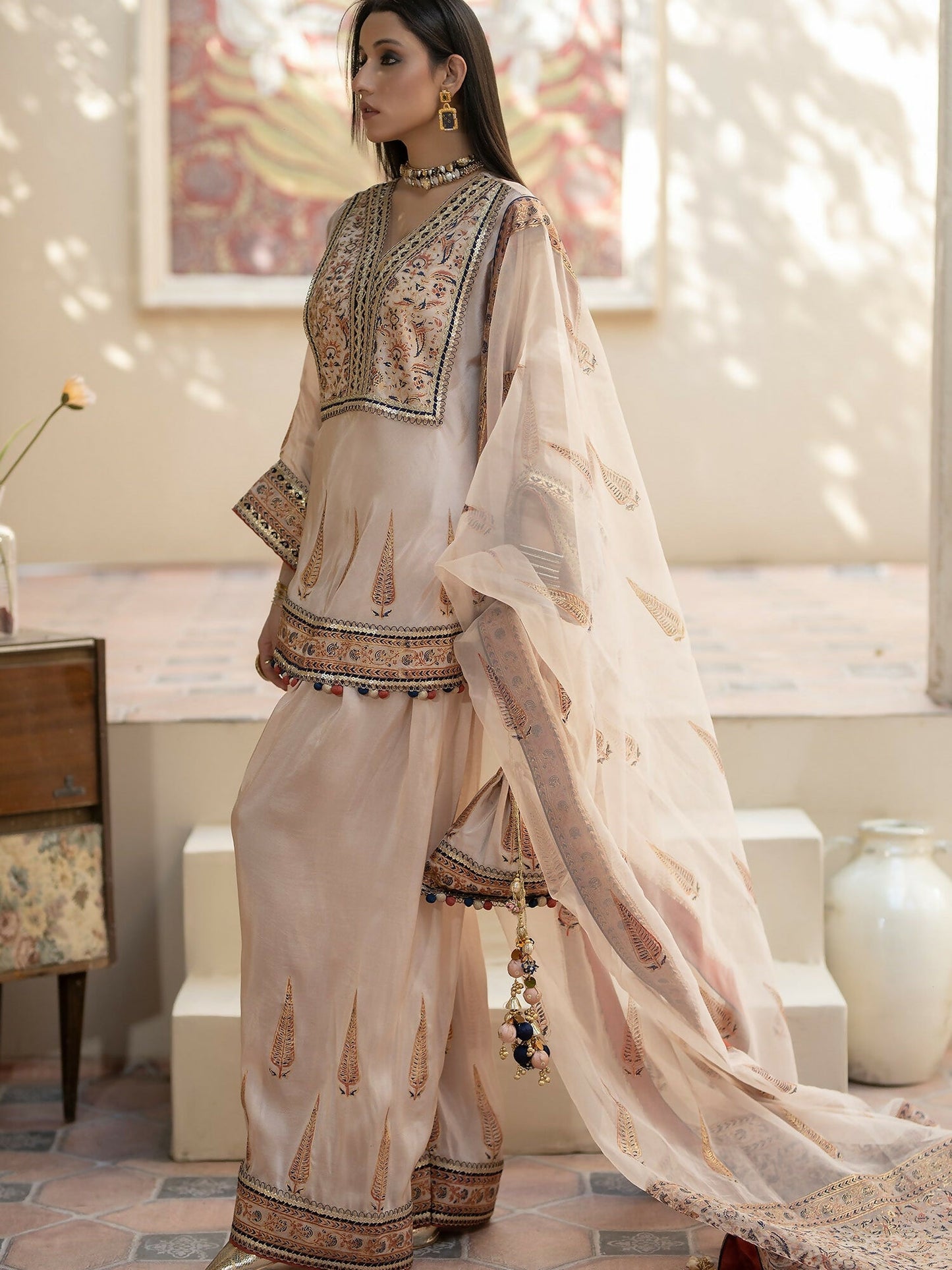 Shiza Hassan Chap Tilak Formals Pure Tusser Silk Embroidered Stitched 3-Piece Suit-Rosy Mist