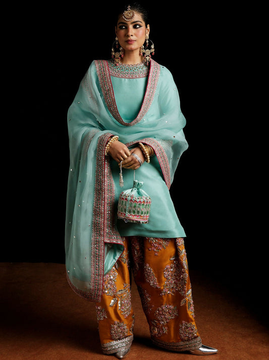 Hussain Rehar ice blue raw silk embellished shirt with mustard raw silk shalwar and organza dupatta