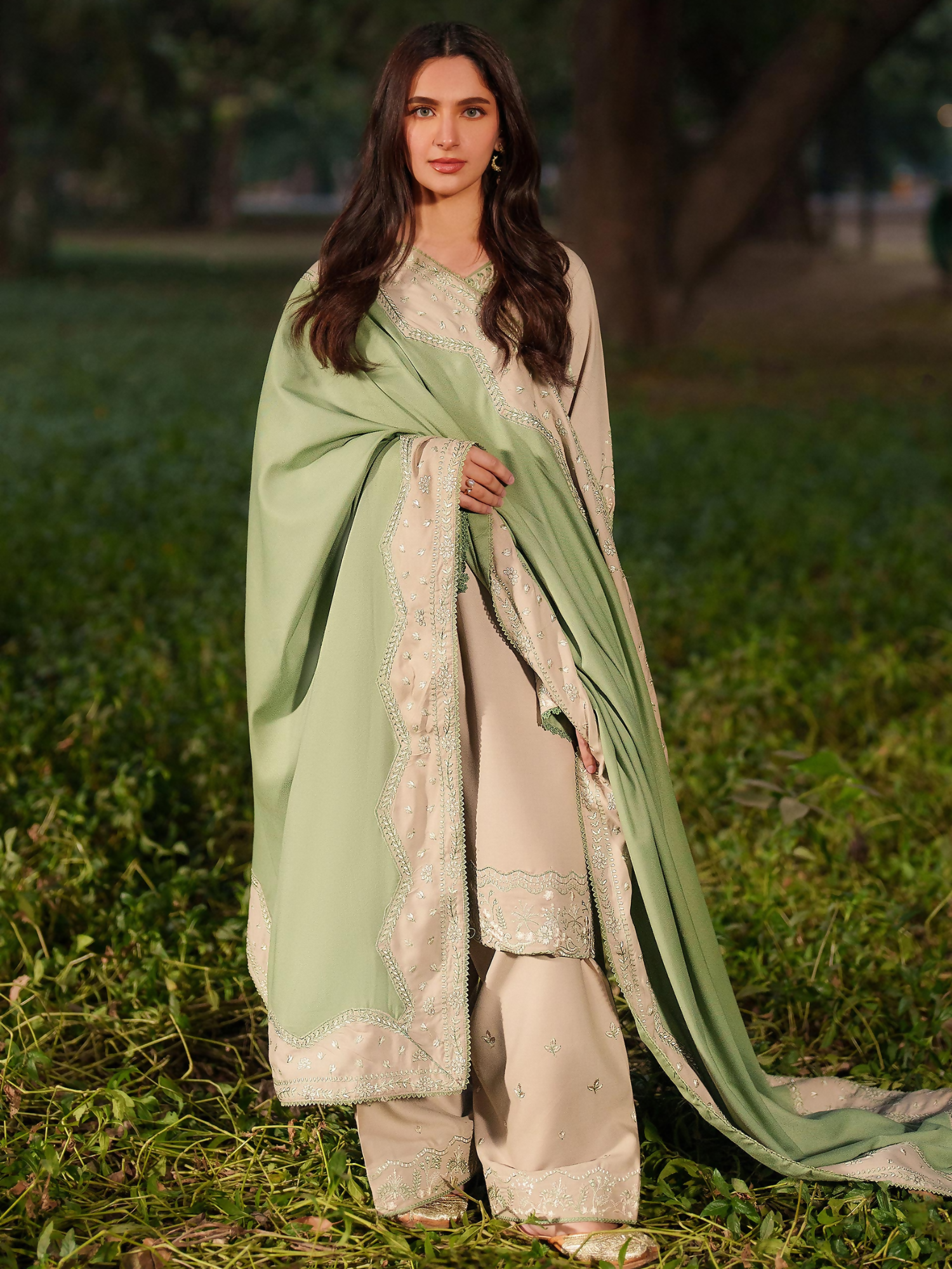 Panache Apparel Winter Solstice Linen Embroidered Stitched Suit-Mistfall