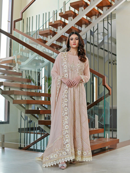 Farooq Hameed Studio Chiffon Embroidered Stitched 3-Piece Suit-Sandal