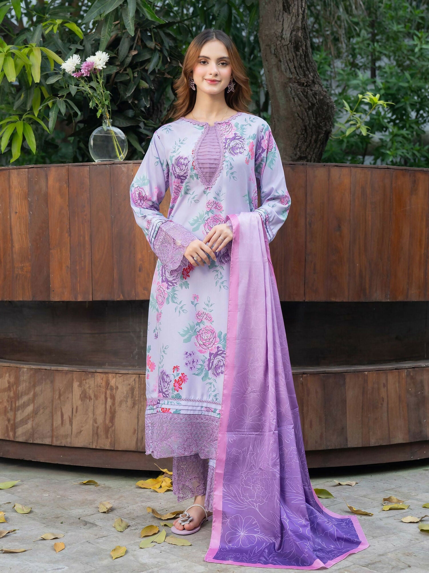 Panache Apparel Raw Silk Embroidered Stitched Suit-Lavender Bloom
