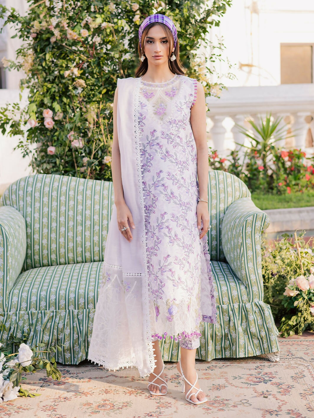 Unstitched 3-piece lawn suit with embroidered and printed shirt, embroidered monark dupatta, and printed cambric trouser.