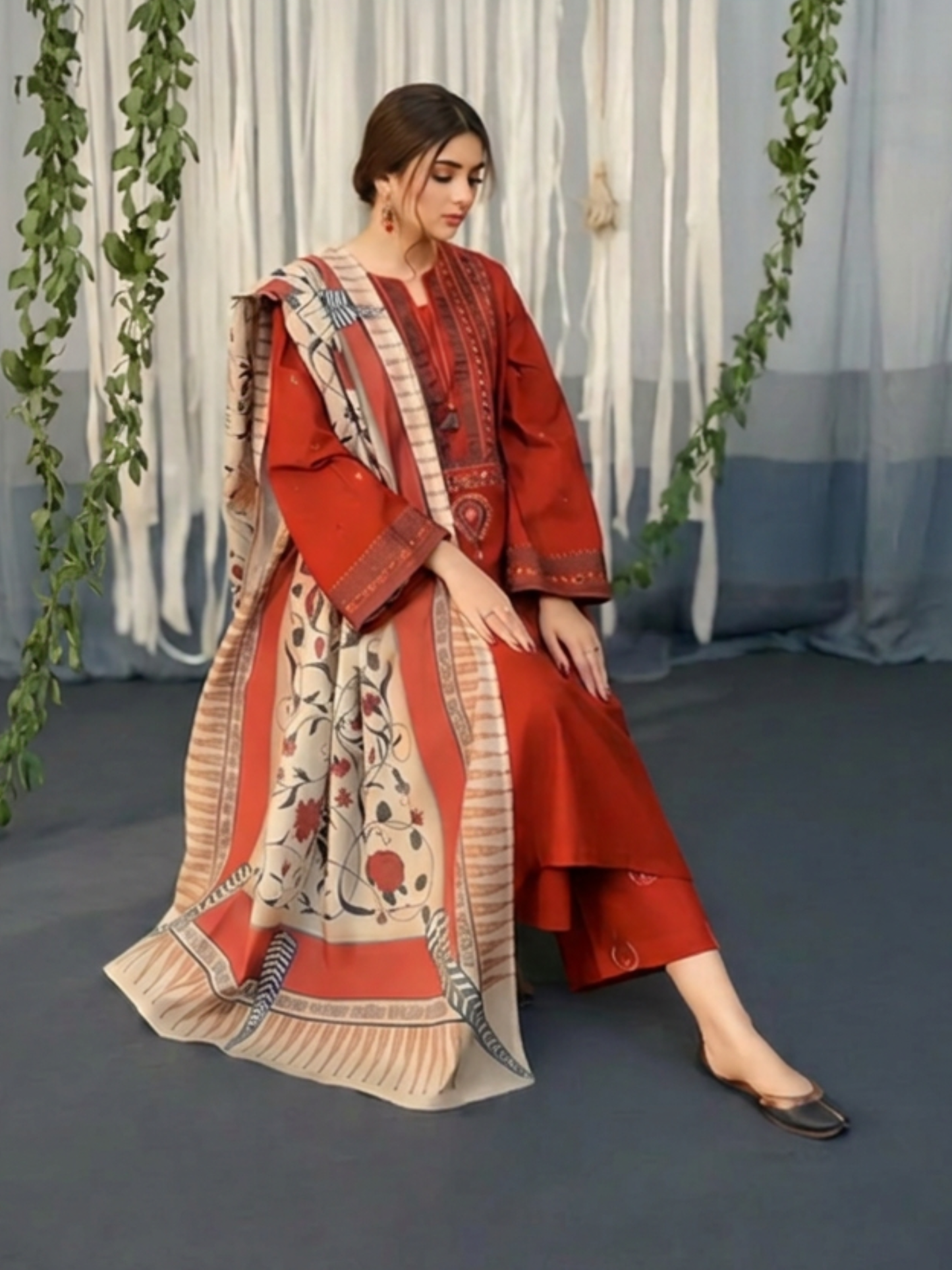 Red-Riwayat Wear Lawn Embroidered Stitched 3-Piece Suit-Hina