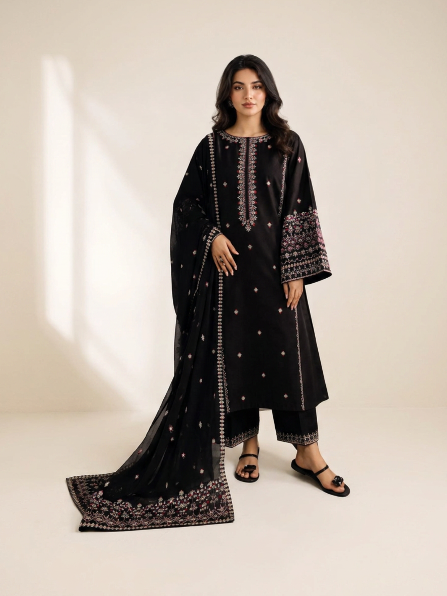 Black-Alina Lime Linen Embroidered Stitched 2-Piece Suit-Black pearl