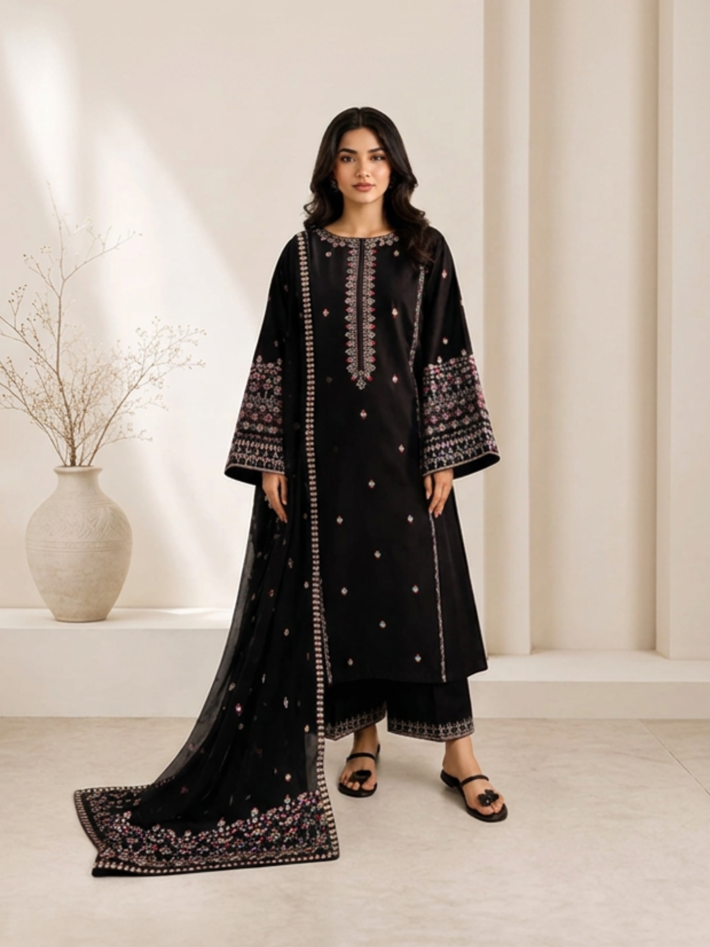 Black-Alina Lime Linen Embroidered Stitched 2-Piece Suit-Black pearl