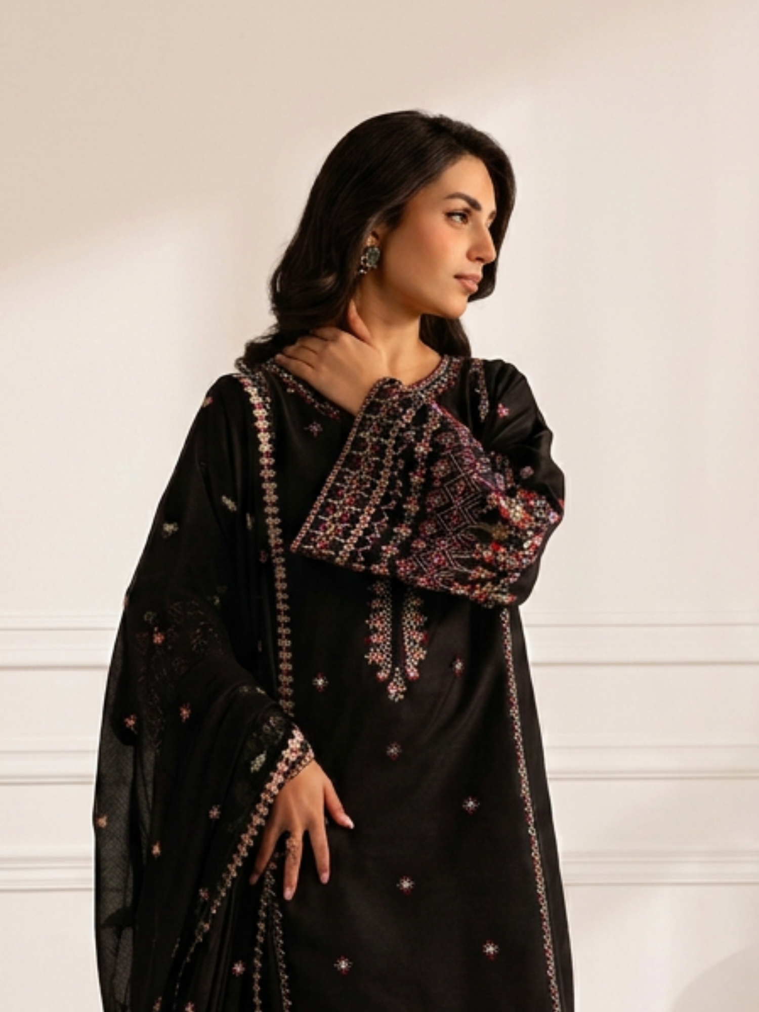 Black-Alina Lime Linen Embroidered Stitched 2-Piece Suit-Black pearl