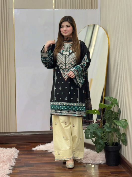 Black-Tehzeeb Libas Lawn Embroidered Stitched 3-Piece Suit-Sajjal B