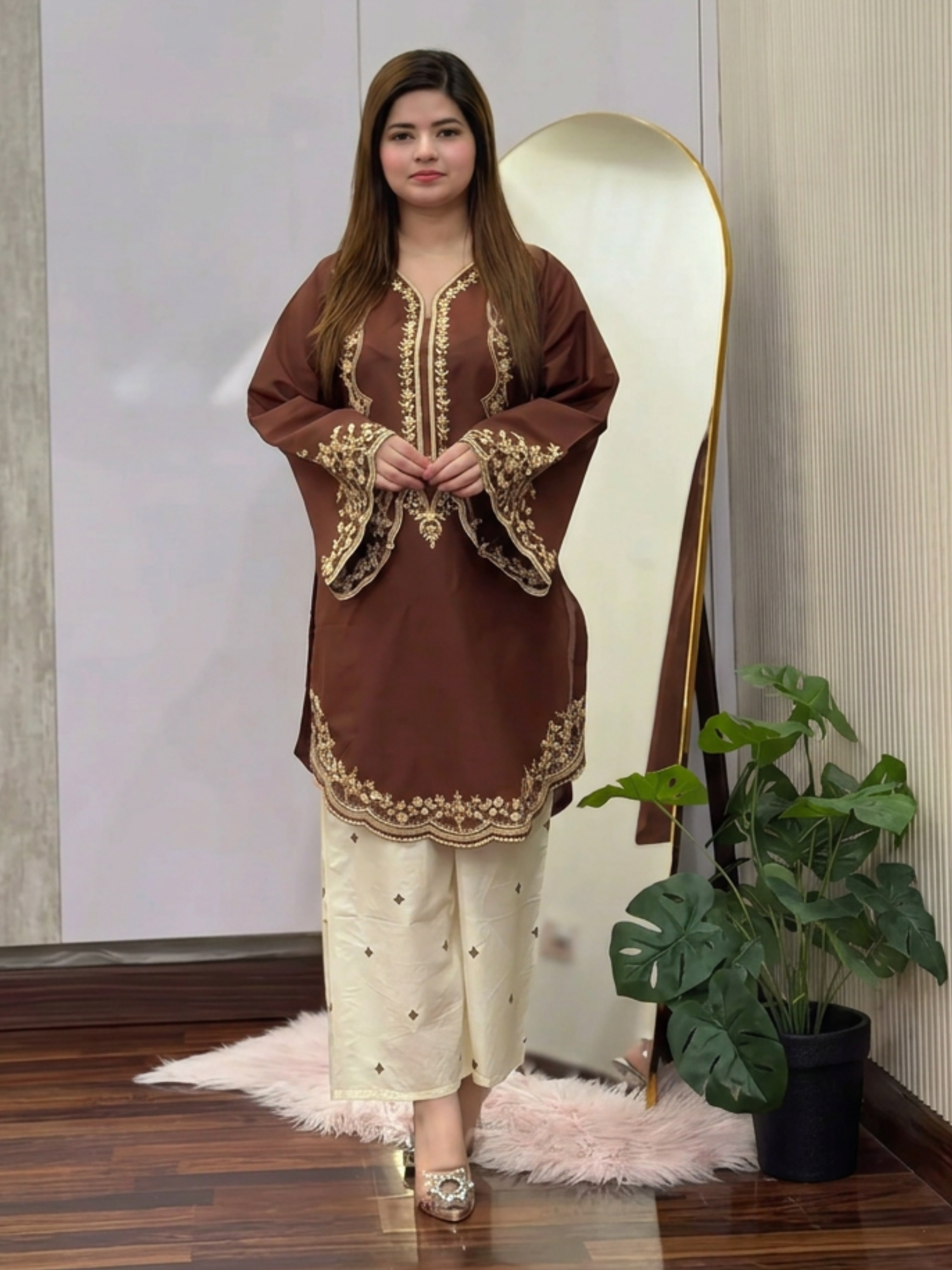 Brown-Tehzeeb Libas Lawn Embroidered Stitched 2-Piece Suit-Nagma             
