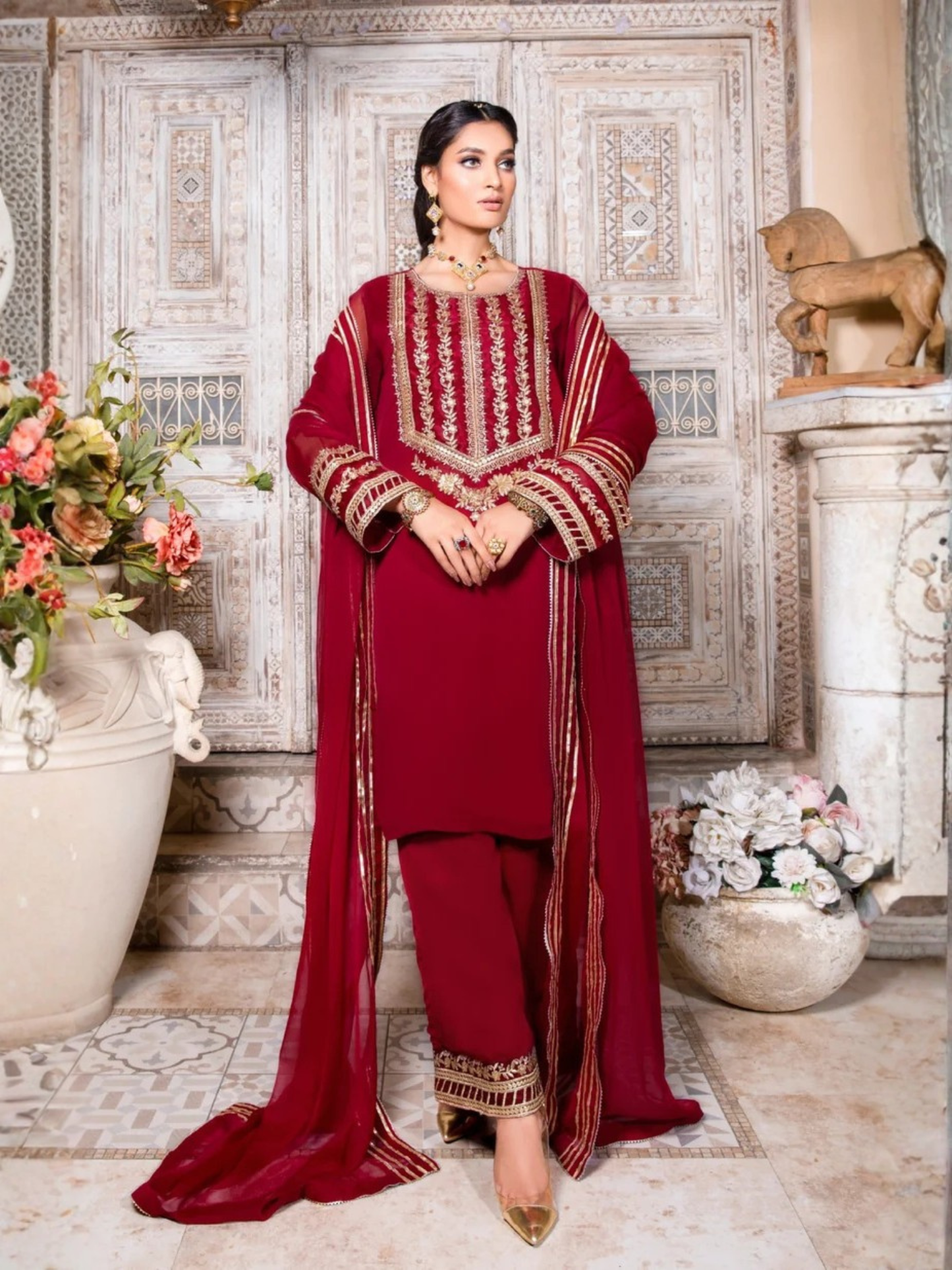 Maroon-Hani & Umaima Chiffon Embroidered Stitched 3-Piece Suit-Roshan