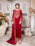 Maroon-Hani & Umaima Chiffon Embroidered Stitched 3-Piece Suit-Roshan