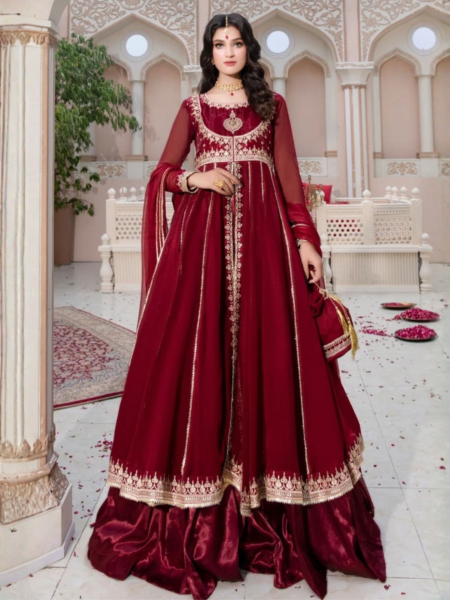 Maroon-Hani & Umaima Chiffon Embroidered Pishwas-Mahi
