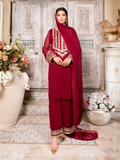 Maroon-Hani & Umaima Chiffon Embroidered Stitched 3-Piece Suit-Roshan