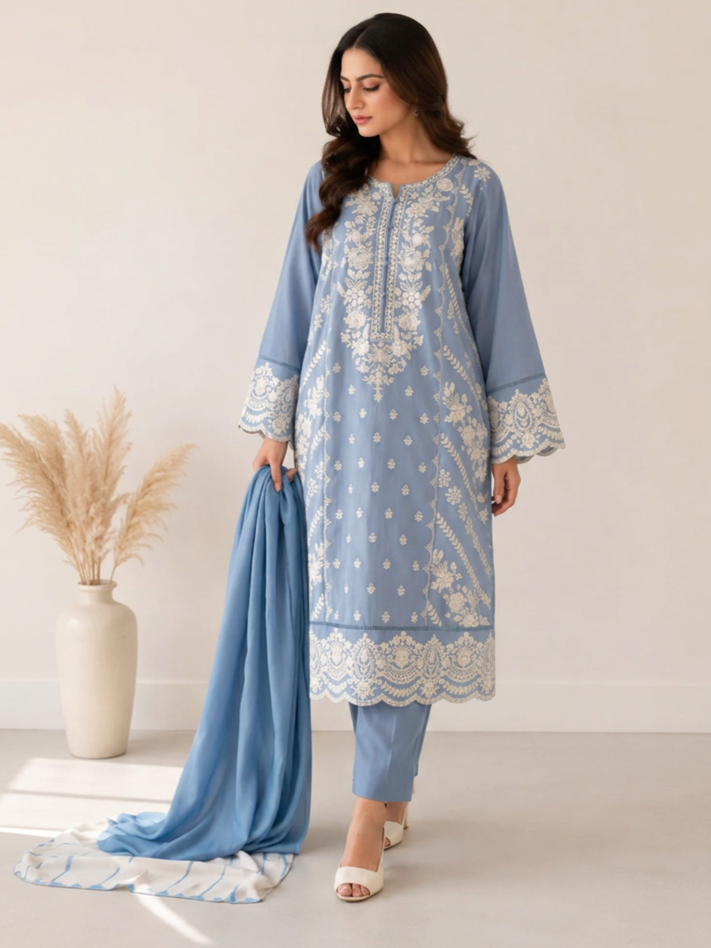 Sky Blue-Alina Lime Summer Linen Embroidered Stitched 3-Piece Suit-Sky Mist
