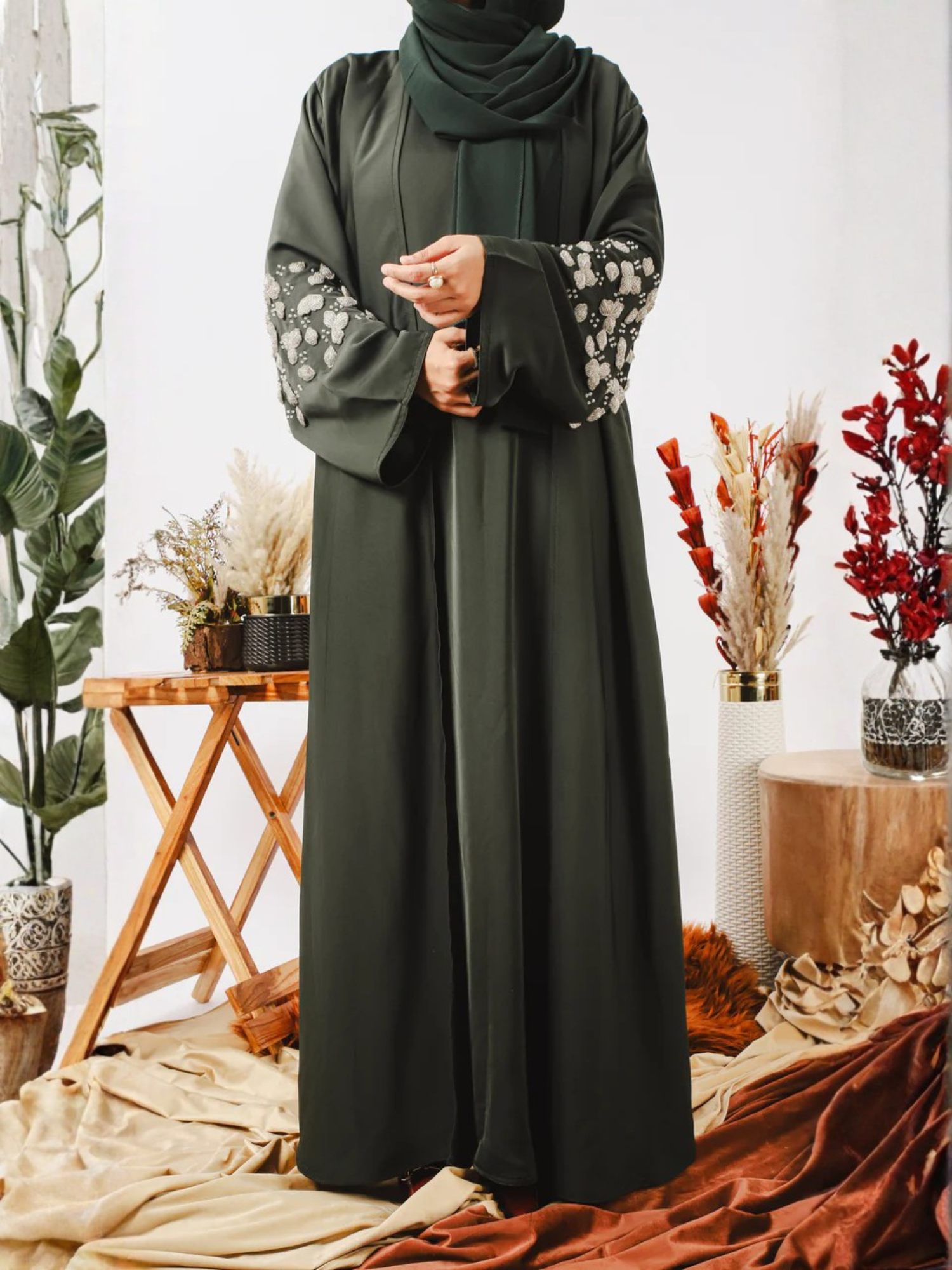 Green-Nourah Nida Embellished Abaya-Abeer