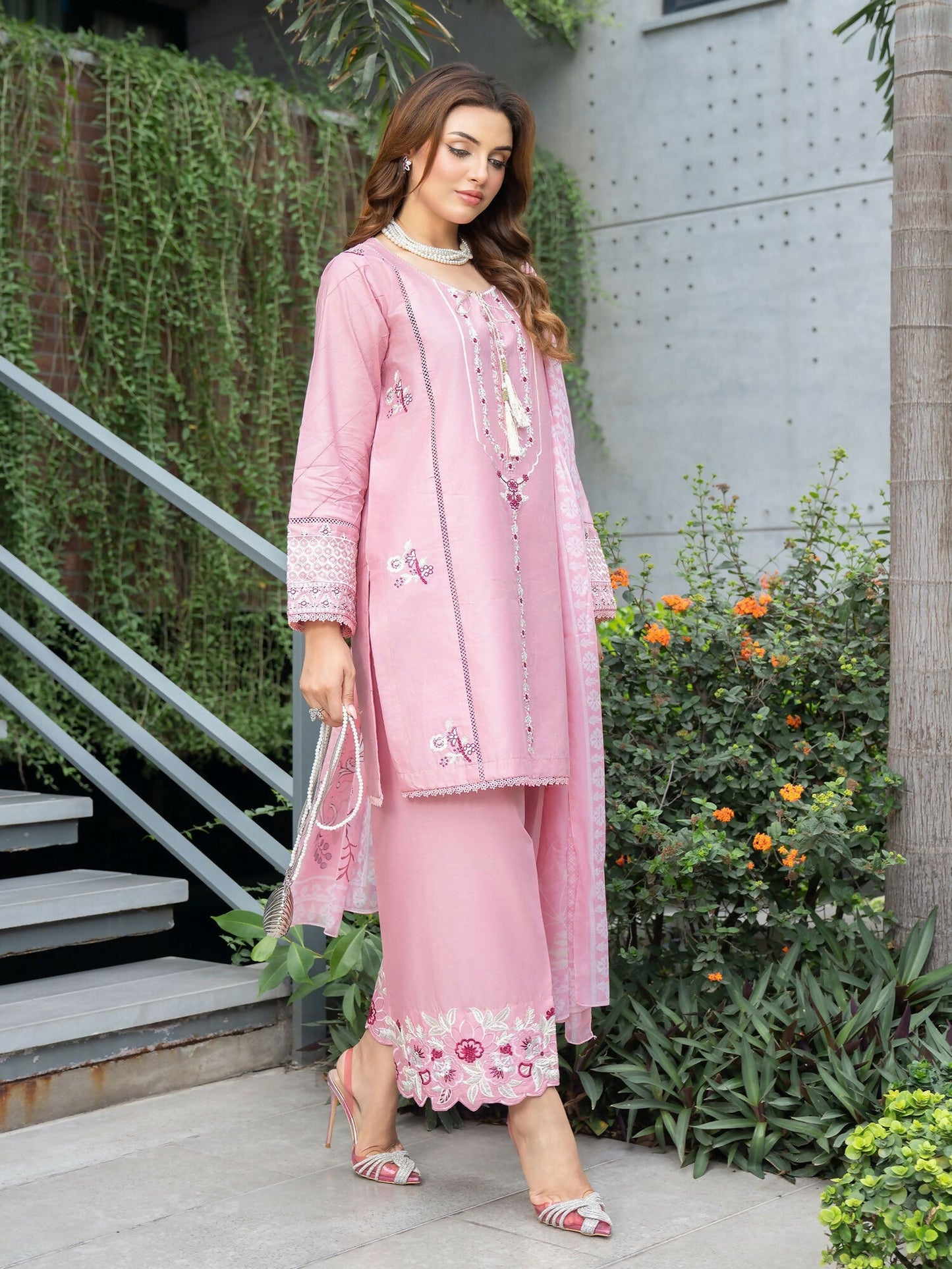 Panache Apparel Solid Story Cotton Lawn Embroidered Stitched Suit-Rosewood