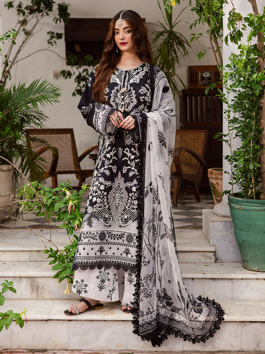 Three-piece unstitched dress set – printed and embroidered shirt with front and sleeves border – printed chiffon dupatta – 2.65 yards – printed trouser – 2.65 yards