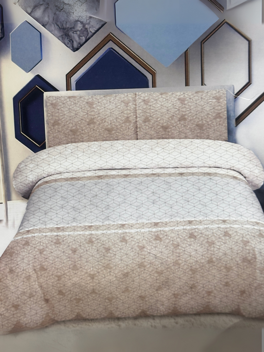 Beige printed 3-piece bedspread set displayed on a king-size bed with matching pillow covers