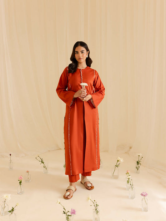 Mahnur stitched 2-piece pret suit with a shirt featuring fine detailing and a plain trouser for casual wear.