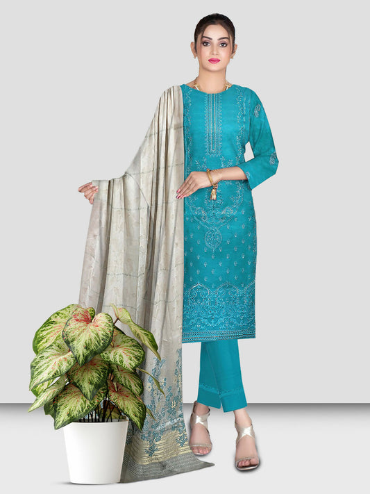 Woman wearing a fully embroidered Bana Dora Lawn shirt paired with a jacquard dupatta and plain dyed cotton trouser.