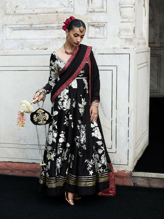 Hussain Rehar Festive Pret’25 black Korean raw silk pishwas with churidar and embroidered shawl, stitched 3-piece suit.